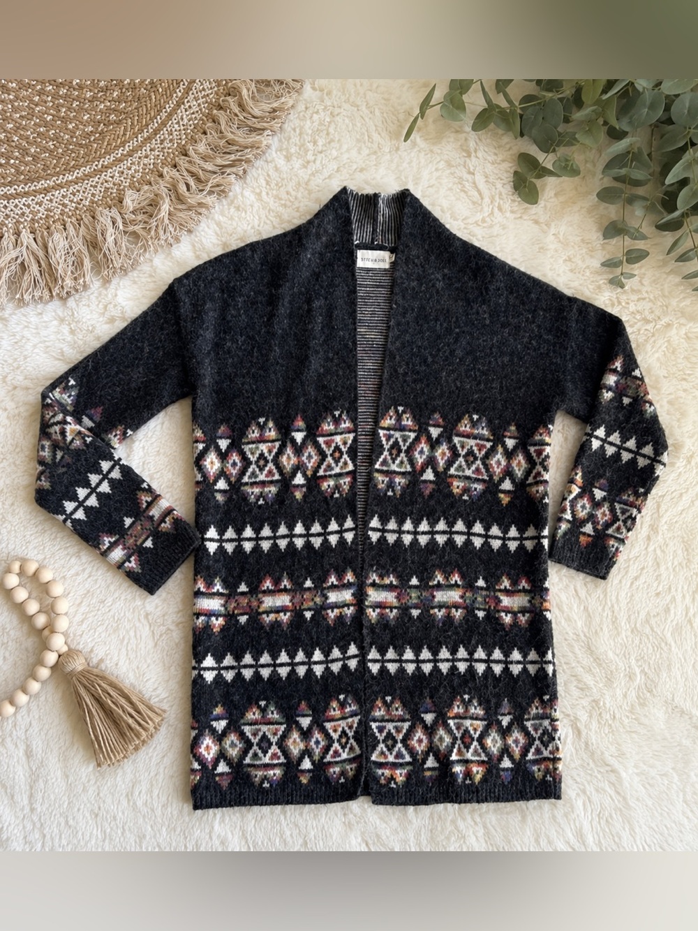 Dreamers Fair Isle Open Front Cardigan Sweater Boho Tribal Print Size M